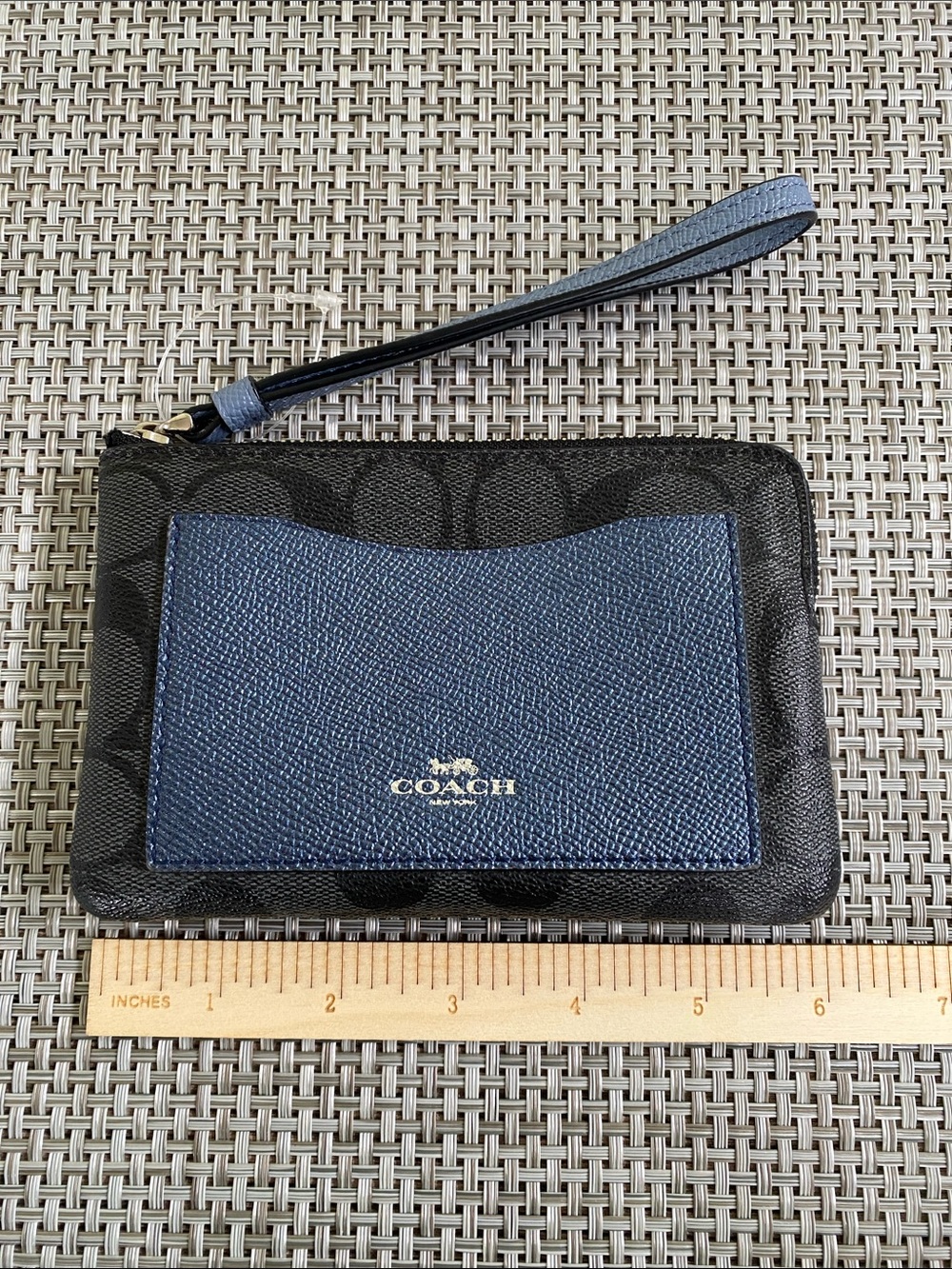 Coach Wristlet Black and Metallic Navy Card Holder Wallet Corner Zip - Picture 4 of 15